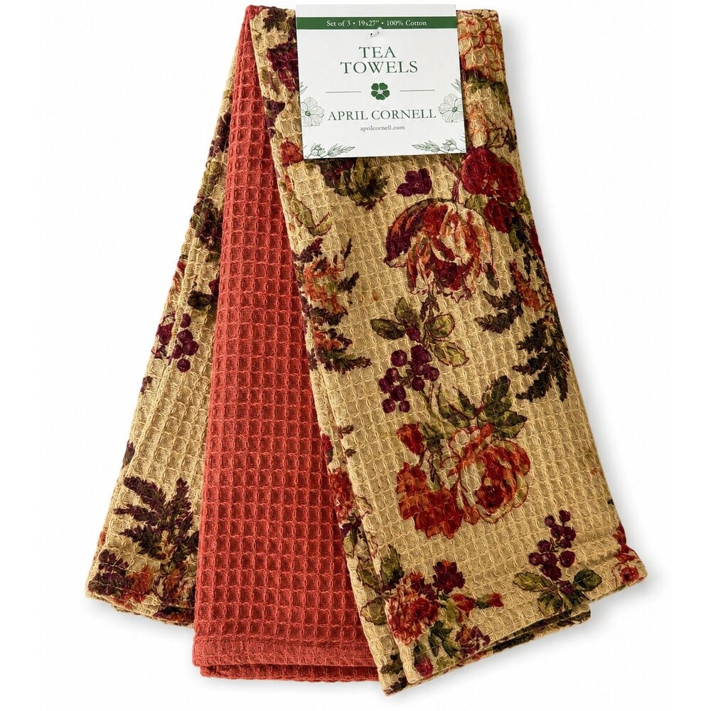 April Cornell Bountiful Harvest Dish Towels Set of 3 Floral Waffle Weave Fall